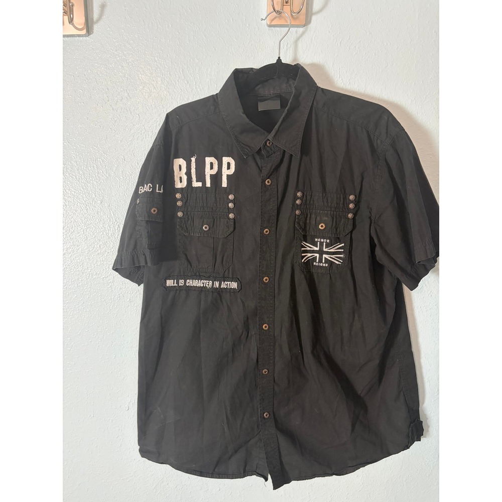 Black Label Mens Black Button Up Shirt Y2K Punk Grunge Military Embroidered